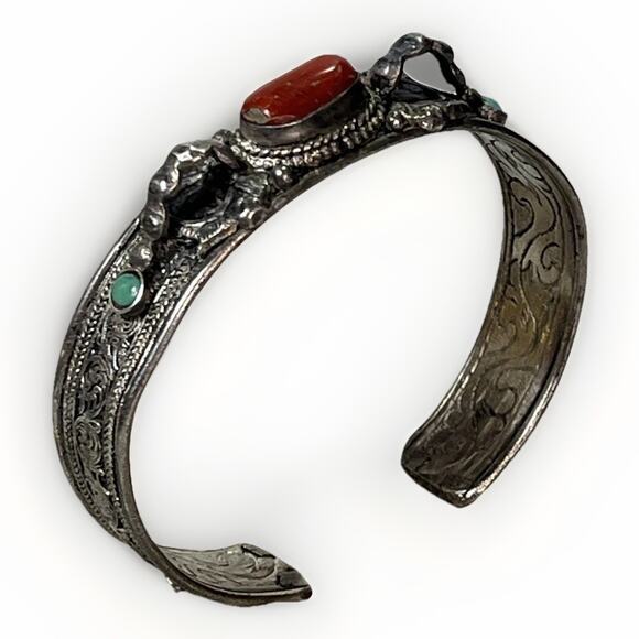 VTG Sterling Silver Turquoise Red Coral Cuff Bracelet- Ornate Design Adjustable - Picture 3 of 15